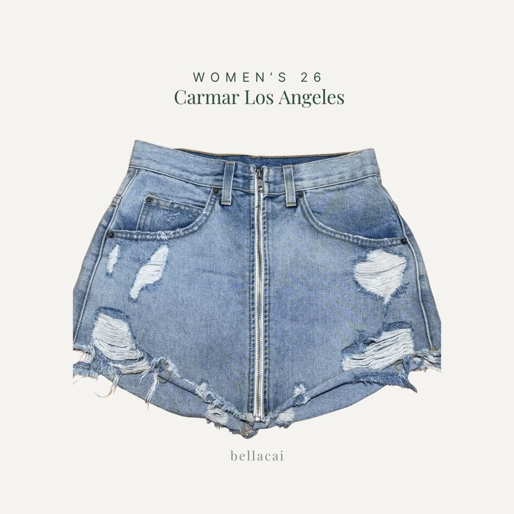Carmar LA | Women's Distressed Zip-Front Denim High Rise Mini Skirt Y2K Size 26